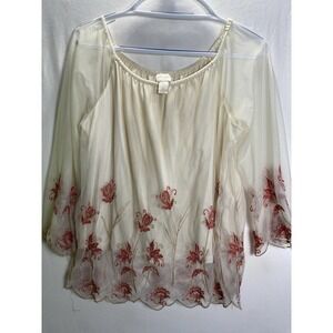 Chicos Women Size 1 Embroidered Floral Mesh Lined Blouse Cream Sheer 3/4 sleeve